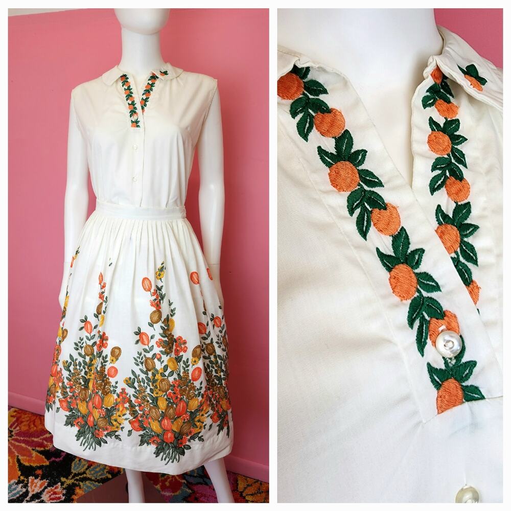 Size XS | Vintage 1960's 2 Piece Novelty Print Circle Skirt & Blouse w/ Oranges